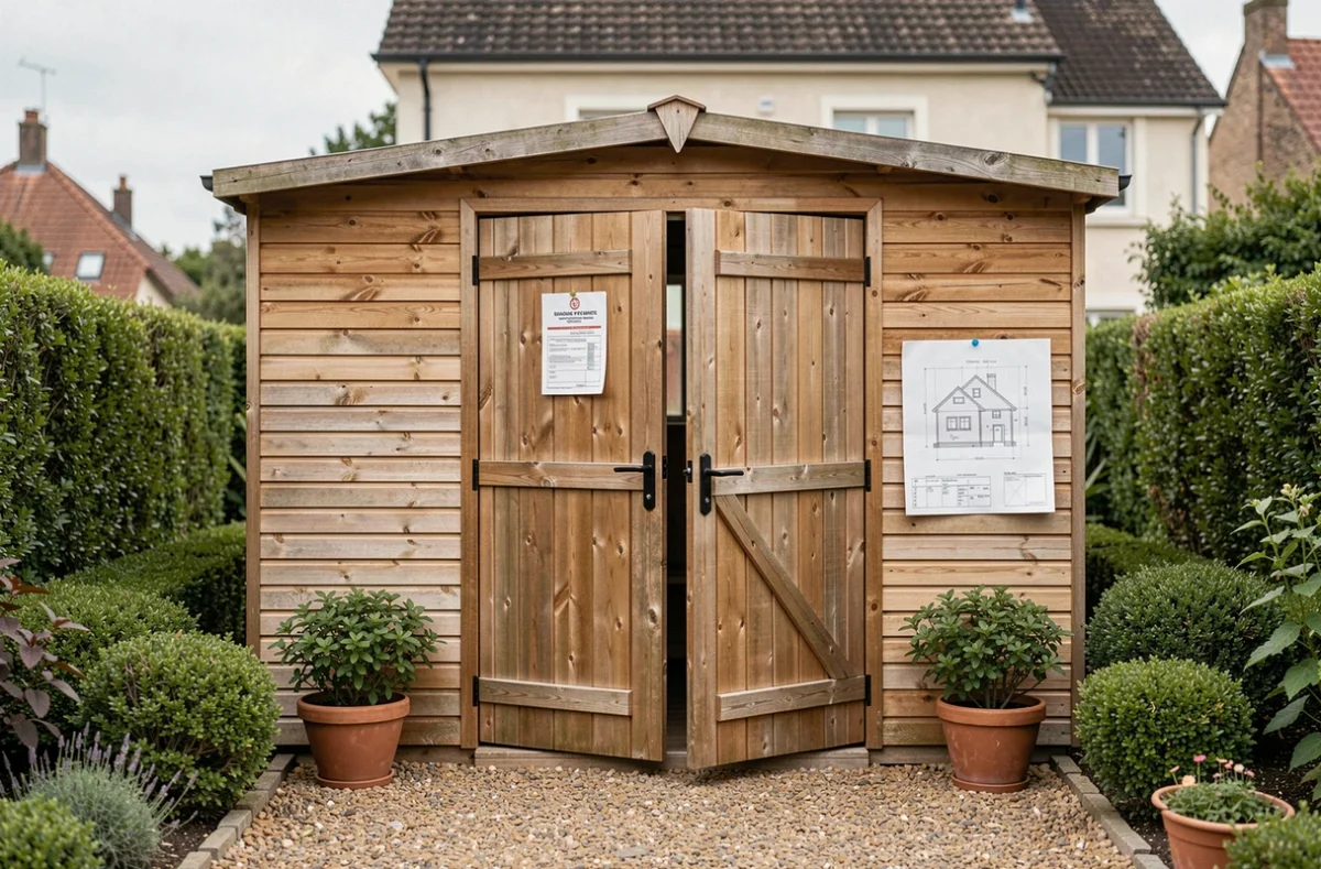 Abri de jardin en bois avec permis de construire affiché sur la porte dans un jardin résidentiel français