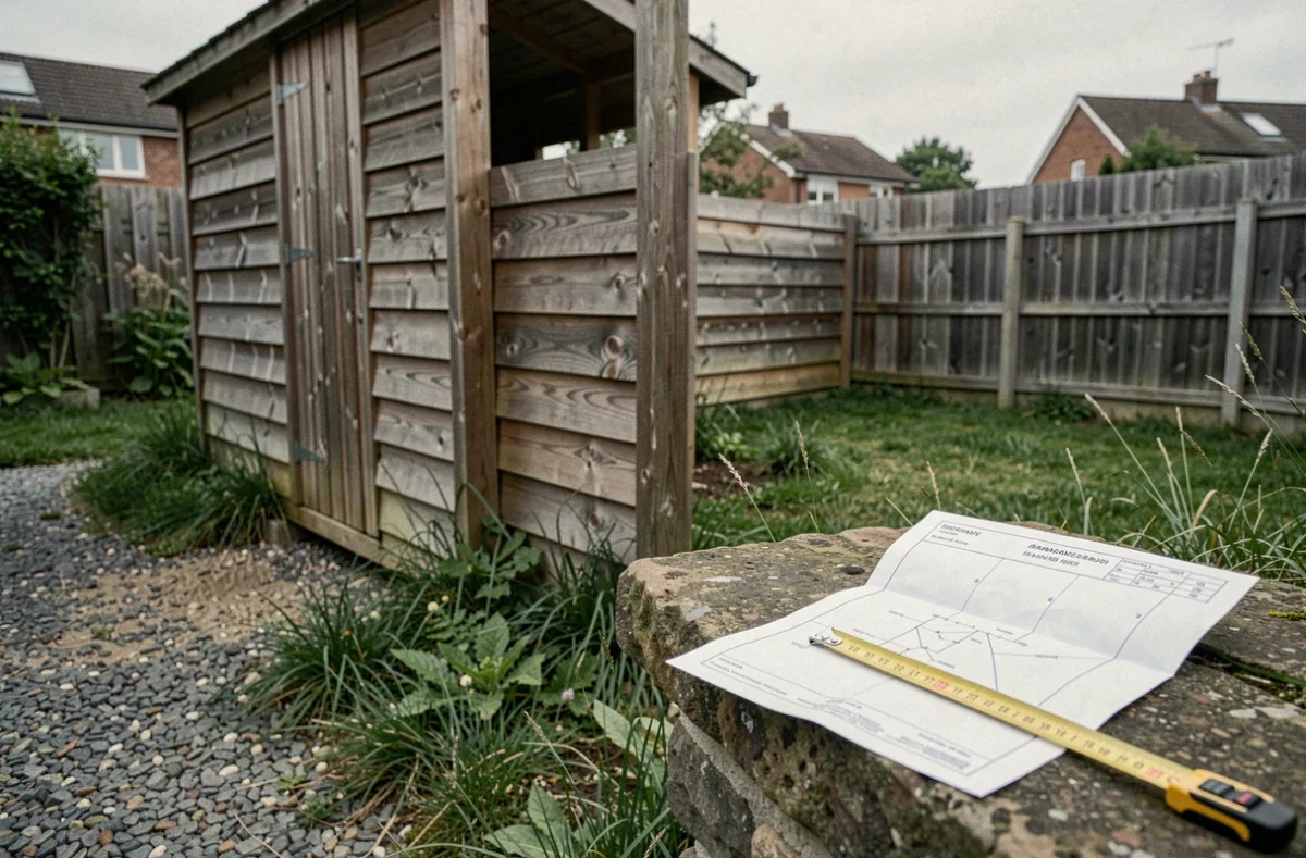 Abri de jardin en bois en cours d'installation avec un plan cadastral et un mètre ruban posés sur une pierre