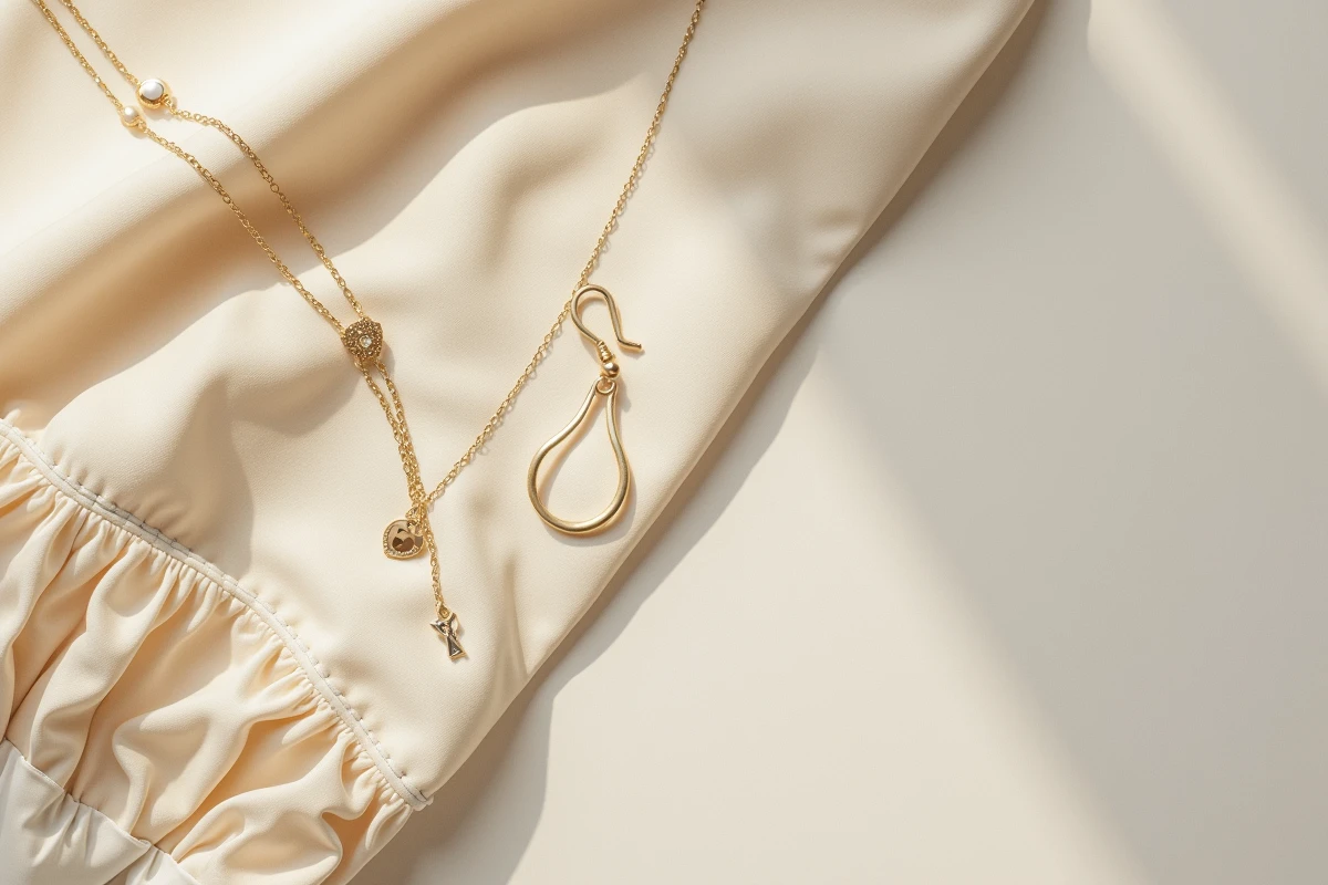 Gros plan sur les accessoires de mode d'une animatrice TV : boucles d'oreilles dorées, collier délicat et montre fine assortis à une robe élégante