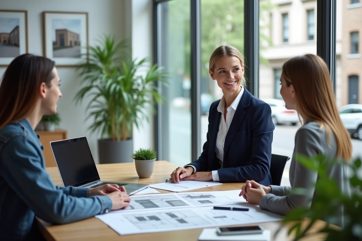 Agent immobilière experte conseillant un jeune couple dans une agence moderne avec brochures et plans sur bureau