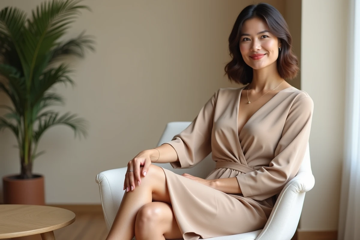 Femme animatrice assise en robe élégante lors d'une interview presse, silhouette naturelle et posture assurée