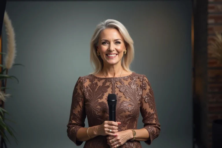 Animatrice de télévision élégante portant une robe midi sophistiquée avec accessoires dorés dans un studio de télévision