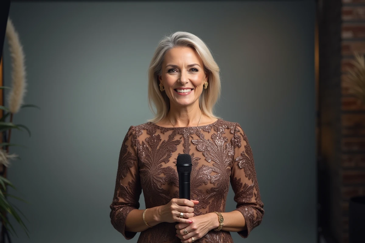 Animatrice de télévision élégante portant une robe midi sophistiquée avec accessoires dorés dans un studio de télévision