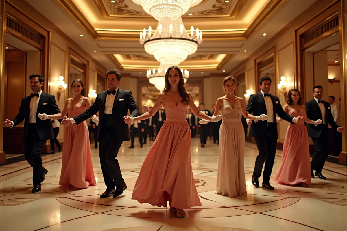 Groupe en tenue de soirée dansant le madison dans un luxueux casino, évoquant l'élégance du Baccarat Madison de Jean-Marc Torchy