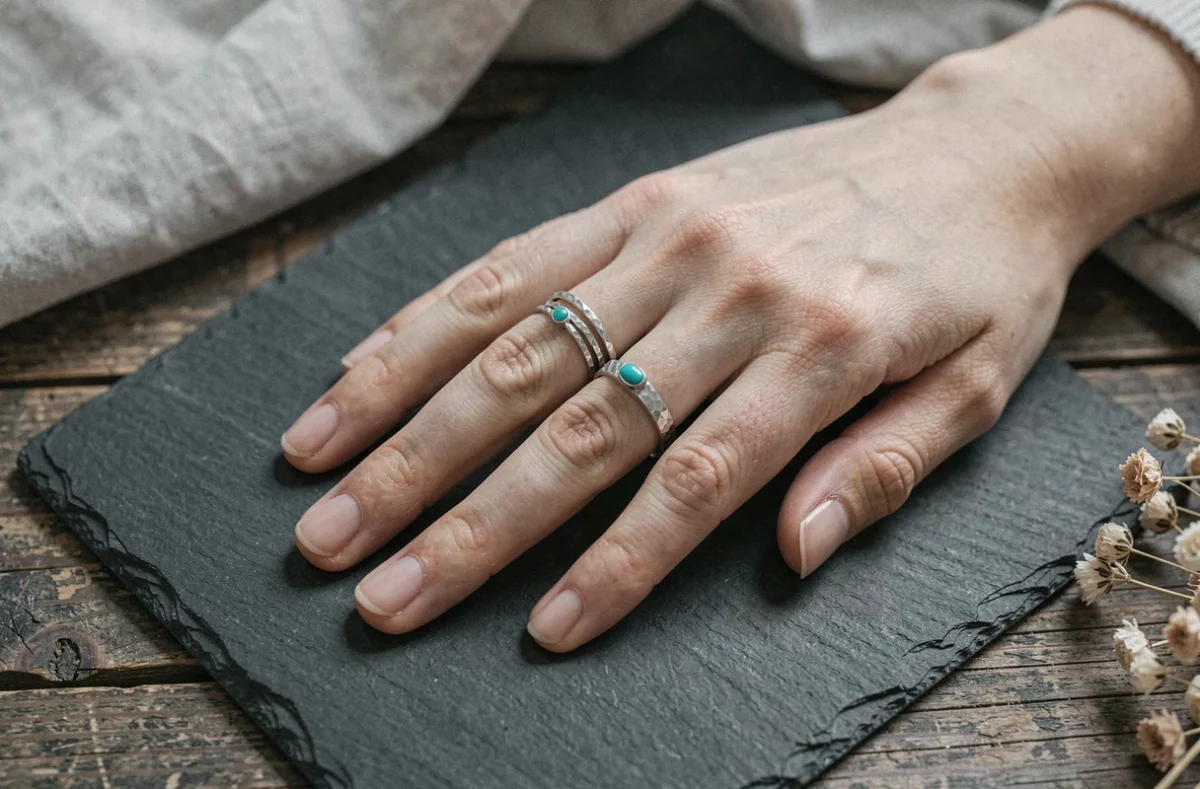 Gros plan sur une main féminine ornée de bagues en argent empilées avec pierres précieuses sur ardoise, bijoux tendance