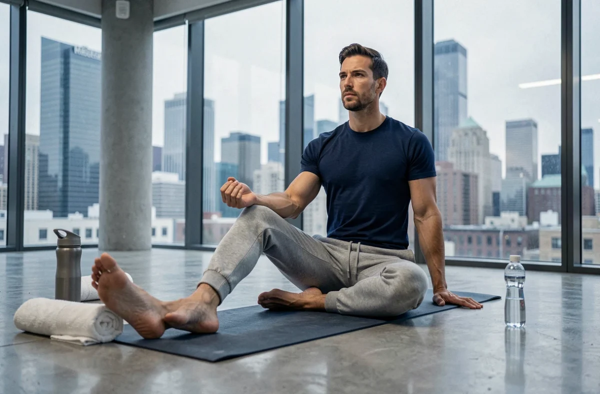 Homme pratiquant des étirements de yoga dans une salle de sport moderne, symbolisant les nouvelles pratiques bien-être et santé en 2024