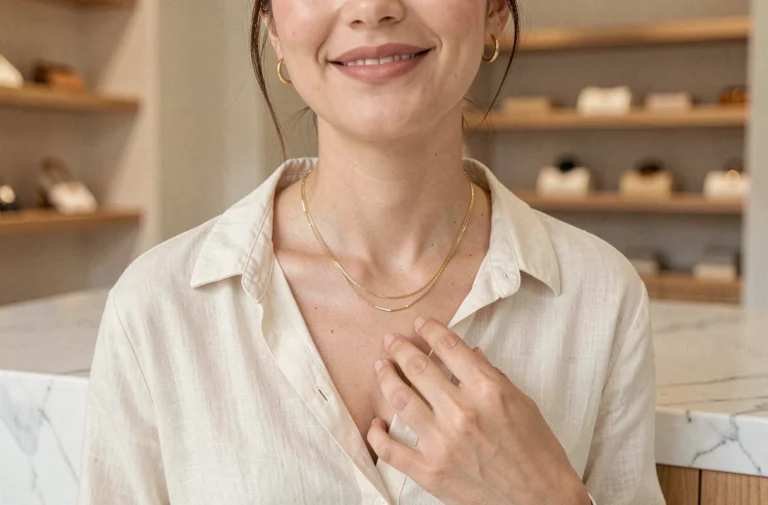 Femme portant un collier en or délicat et des créoles dorées dans une boutique minimaliste, bijoux élégants du quotidien
