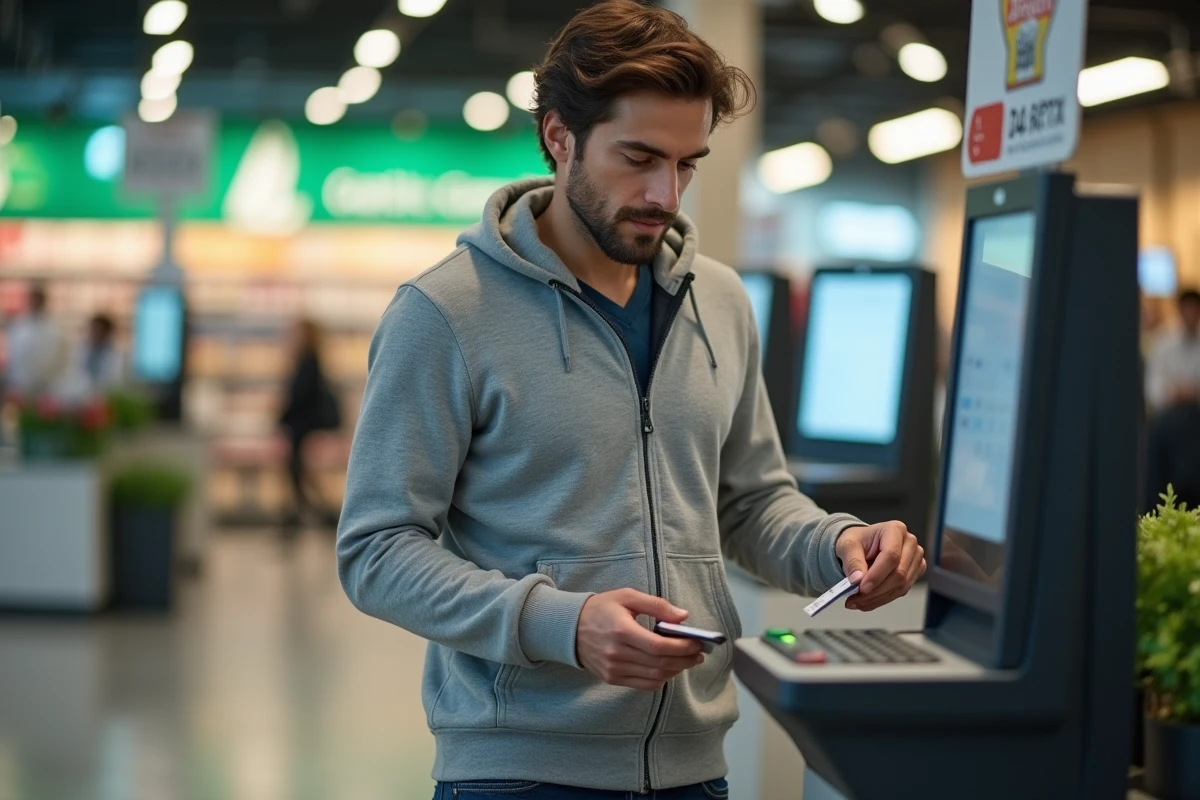 Homme insérant sa carte bancaire dans un terminal de paiement en libre-service Leclerc