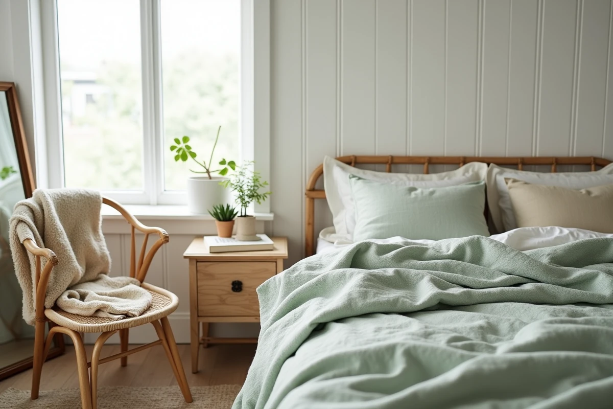 Chambre à coucher de style scandinave avec literie en lin texturé, chaise en rotin et décoration minimaliste dans des tons sauge et crème