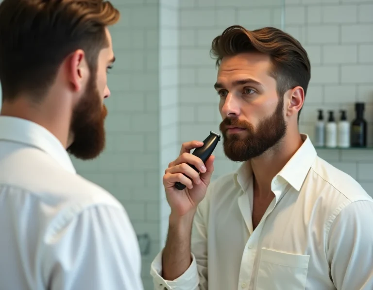 Homme soignant sa barbe courte de 3 jours avec une tondeuse de précision devant un miroir de salle de bain moderne