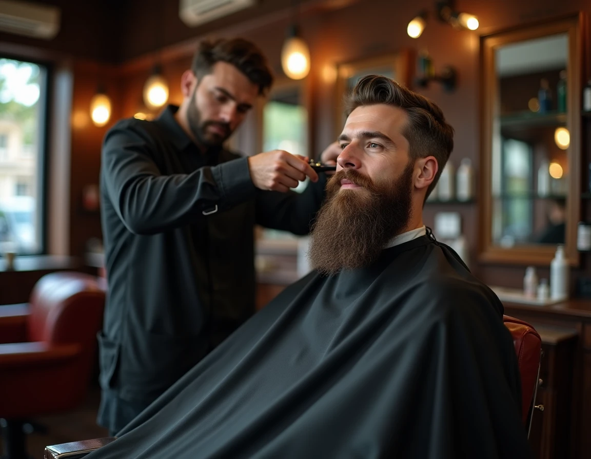 Barbier professionnel taillant la barbe mi-longue d'un homme en salon de coiffure traditionnel