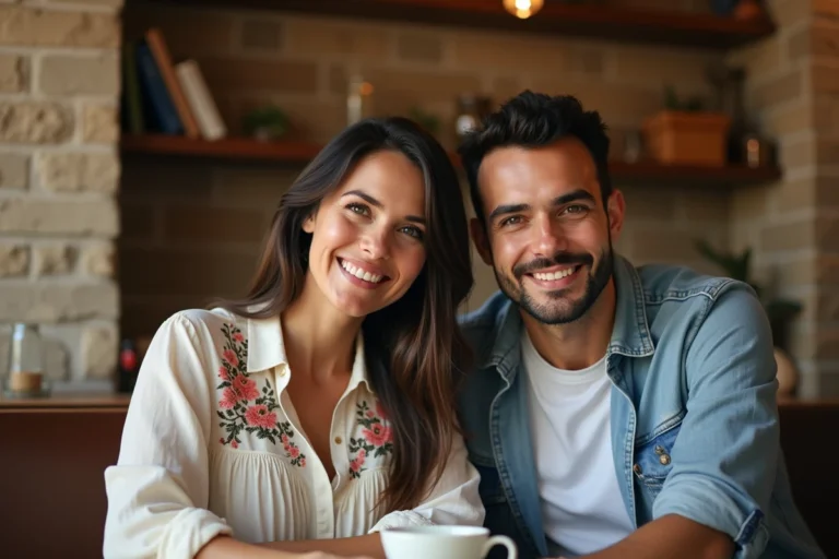 Couple souriant dans un café méditerranéen chaleureux