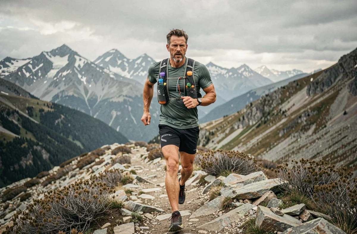 Coureur d'ultra-trail masculin traversant une crête rocheuse en montagne avec un paysage alpin dramatique en arrière-plan