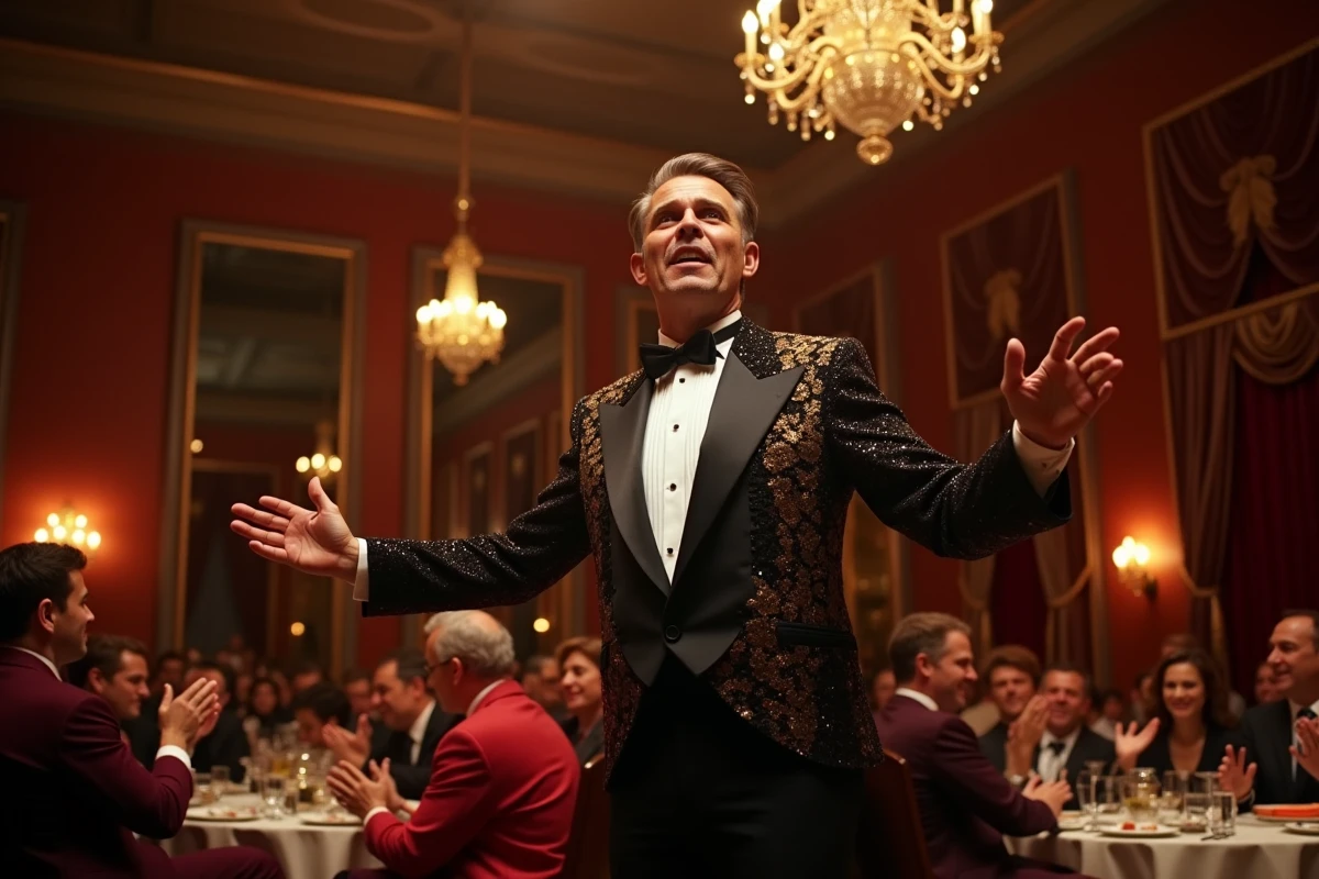 Chef d'orchestre charismatique en veste à paillettes dirigeant un ensemble de cuivres dans une salle de danse française des années 60, dans l'esprit du Crazy Madison