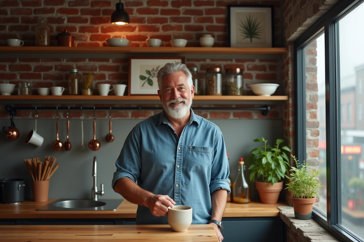 Homme dans une cuisine personnalisée avec étagères en bois, briques apparentes, ustensiles en cuivre et herbes aromatiques dans un coin nook chaleureux