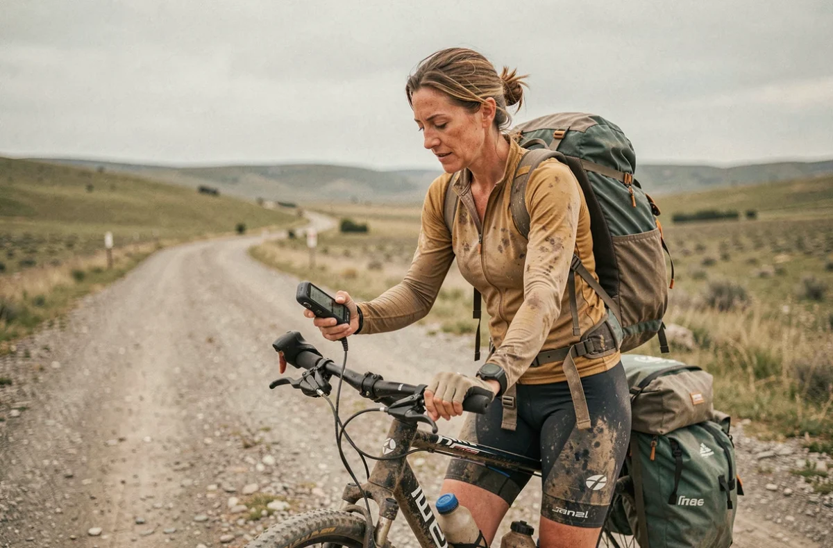 Cycliste féminine d'ultra-endurance contrôlant son GPS sur une route de gravier isolée au milieu d'un paysage vallonné