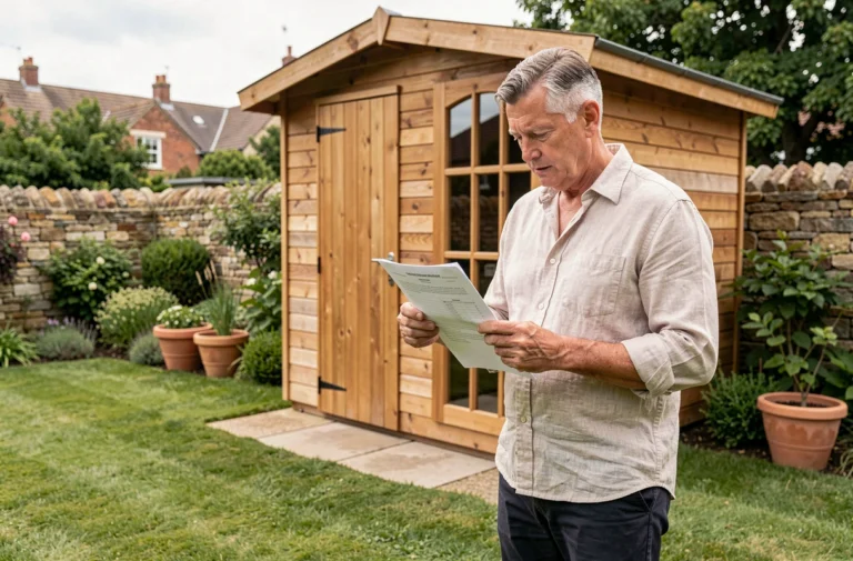 Homme tenant un document administratif devant un abri de jardin en bois dans un jardin résidentiel
