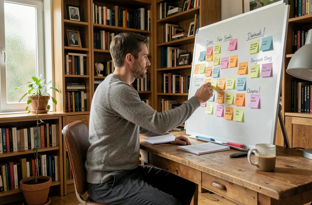 Entrepreneur organisant des catégories de missions sur un tableau blanc avec des notes adhésives dans un bureau à domicile