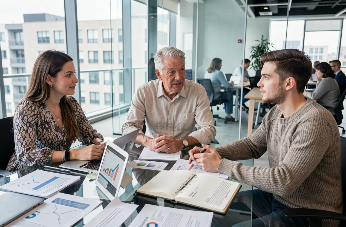 Équipe de professionnels discutant de la classification des types de missions autour d'une table de réunion en coworking
