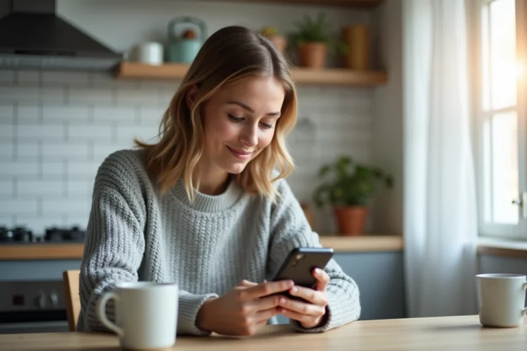 Femme consultant l'actualité du jour sur son smartphone le matin dans sa cuisine moderne