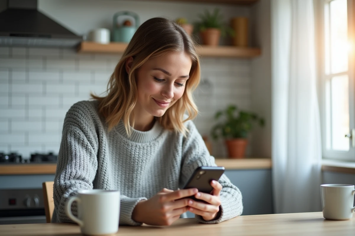 Femme consultant l'actualité du jour sur son smartphone le matin dans sa cuisine moderne