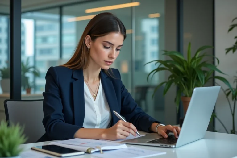 Femme d affaires regardant un graphique financier sur son ordinateur