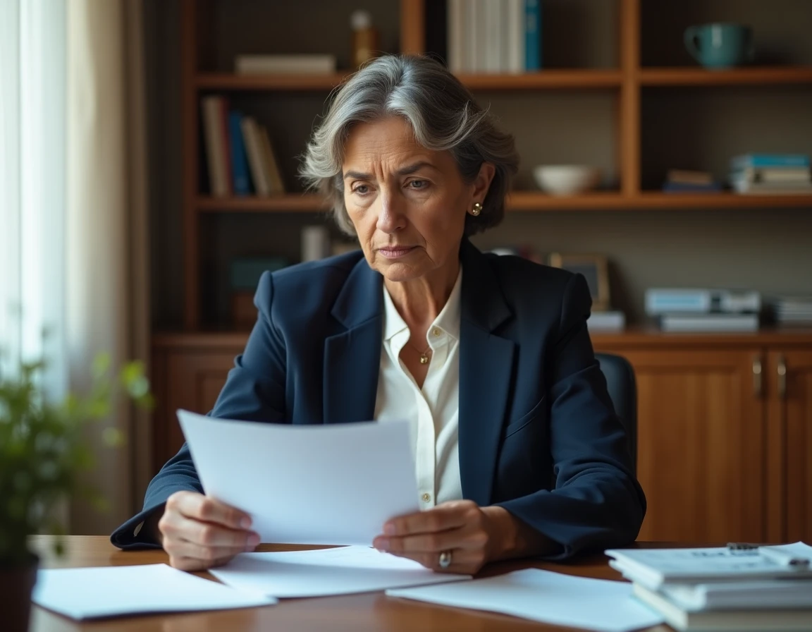 Femme examinant sa carte de séjour et des documents administratifs à son bureau à domicile