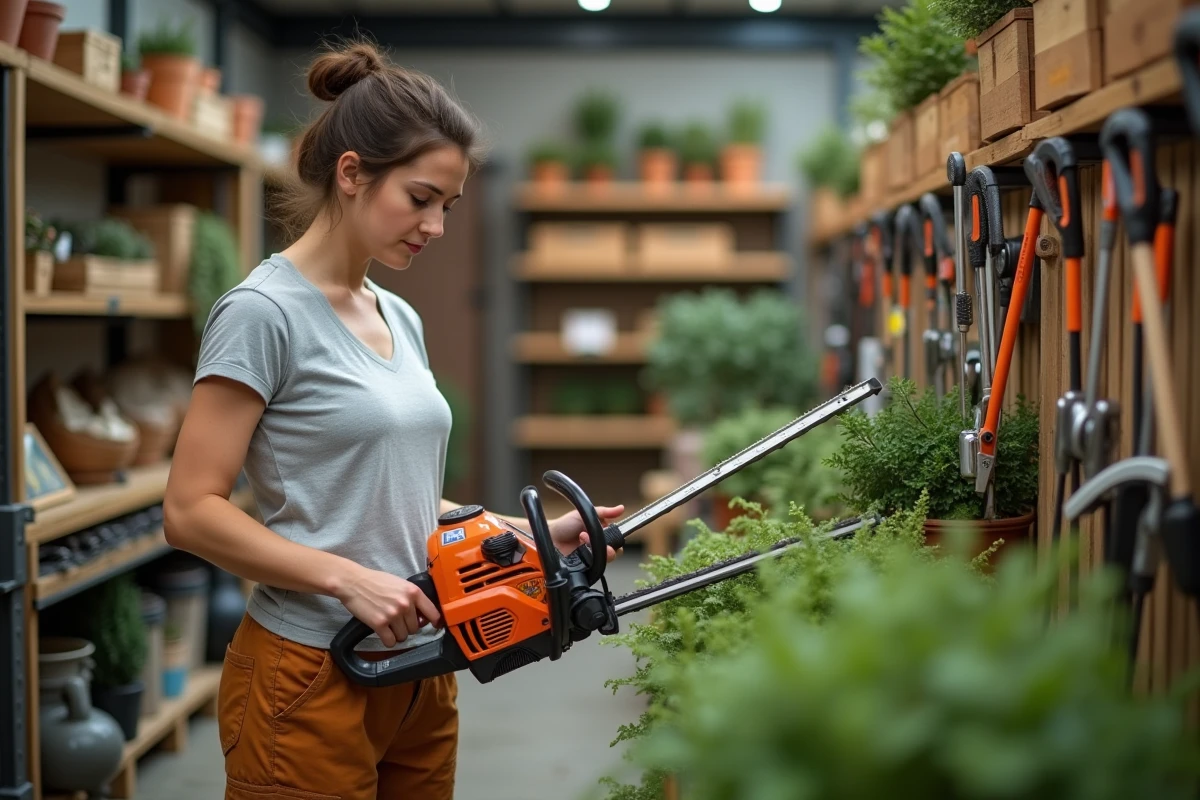 Femme dans un magasin de jardinage comparant des taille-haies