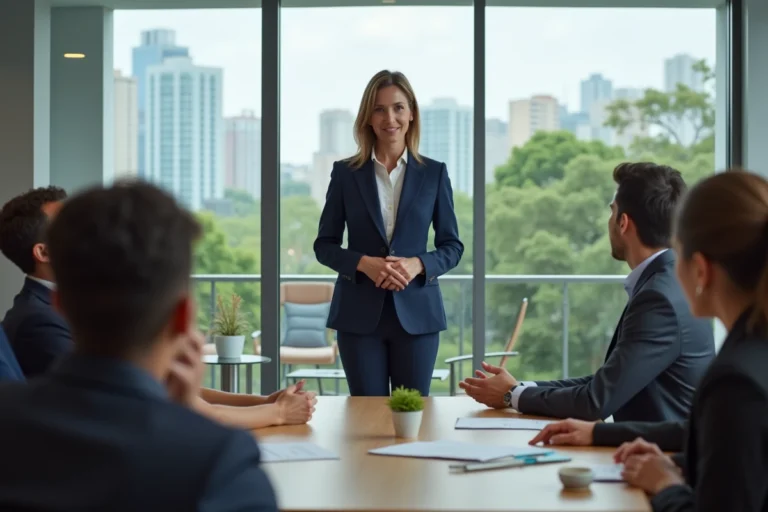 Femme en blazer navy lors d'une réunion professionnelle
