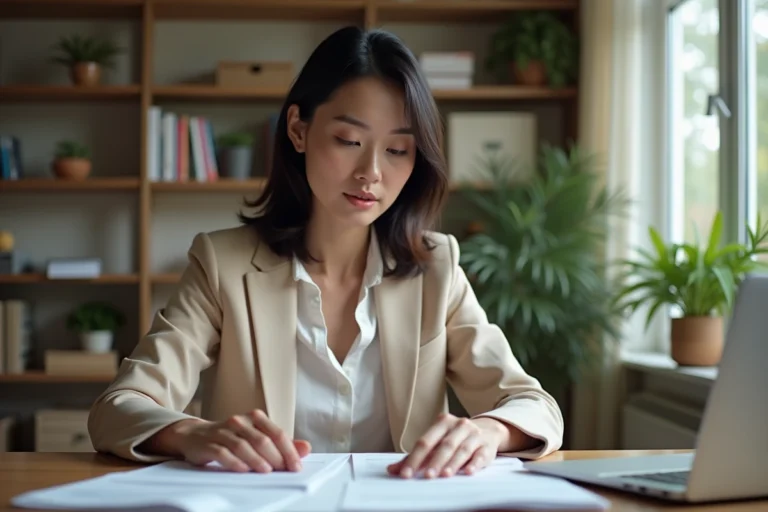 Femme consultant des documents de crédit à son bureau à domicile, entourée de papiers et d'un ordinateur portable ouvert