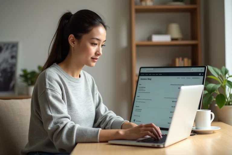 Femme consultant ses factures Carrefour en ligne sur un ordinateur portable depuis son bureau à domicile