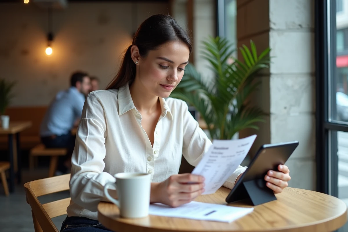 Femme comparant une facture Carrefour en ligne sur tablette avec un reçu papier dans un café