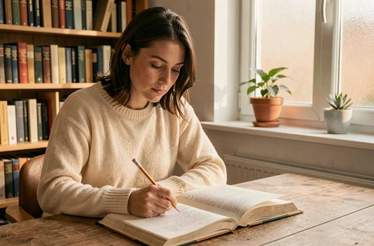 Femme annotant un livre de grammaire française ouvert sur un bureau en bois, illustrant la distinction entre émergent et émergeant