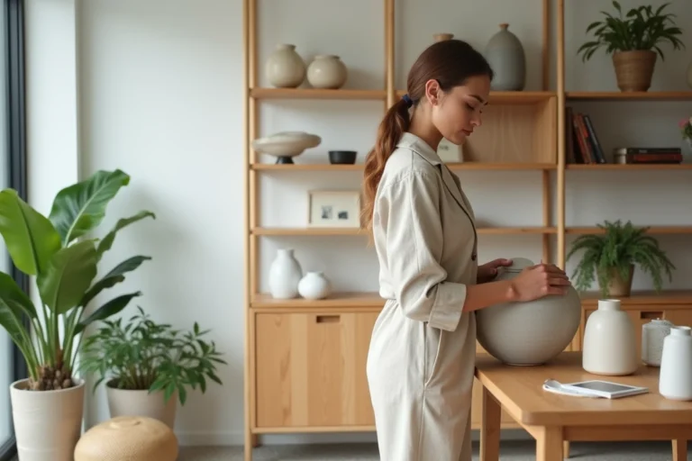 Femme en jumpsuit en lin dans un salon minimaliste