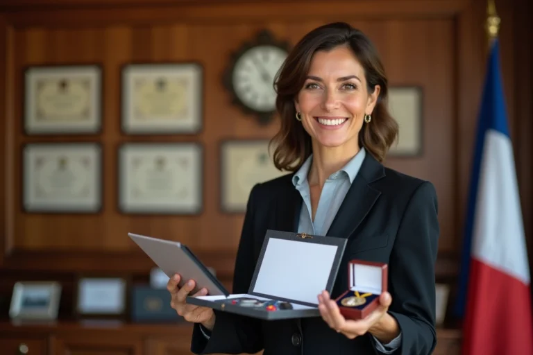 Femme d'âge moyen souriante avec médaille et certificat