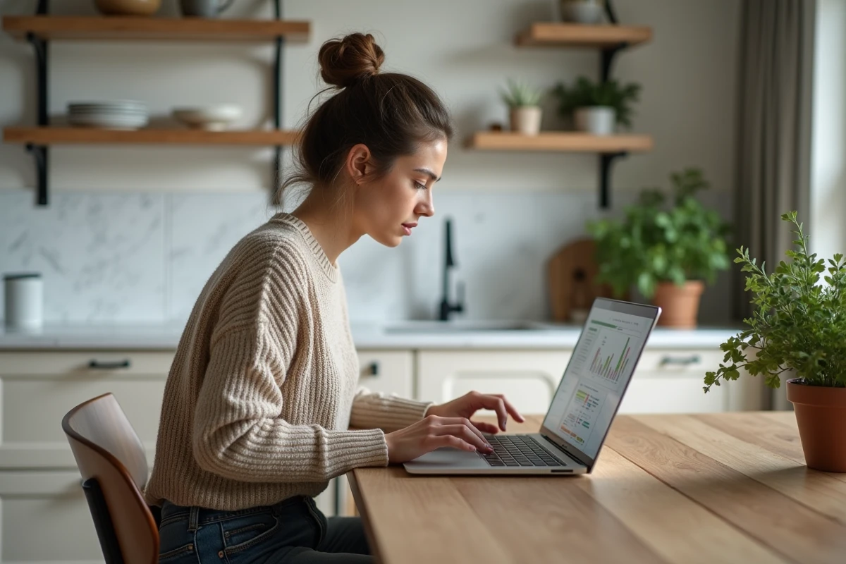 Femme en sweater et jeans travaillant sur un ordinateur dans une cuisine moderne