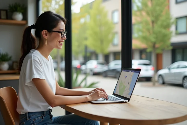 Jeune femme utilisant Google Maps sur son ordinateur à la maison