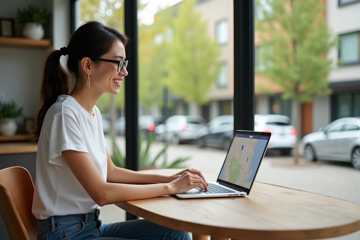 Jeune femme utilisant Google Maps sur son ordinateur à la maison
