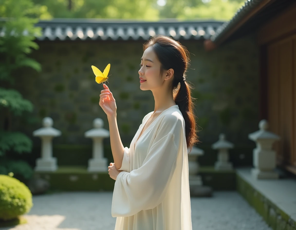 Jeune femme contemplant un papillon jaune posé sur son doigt dans un jardin zen japonais