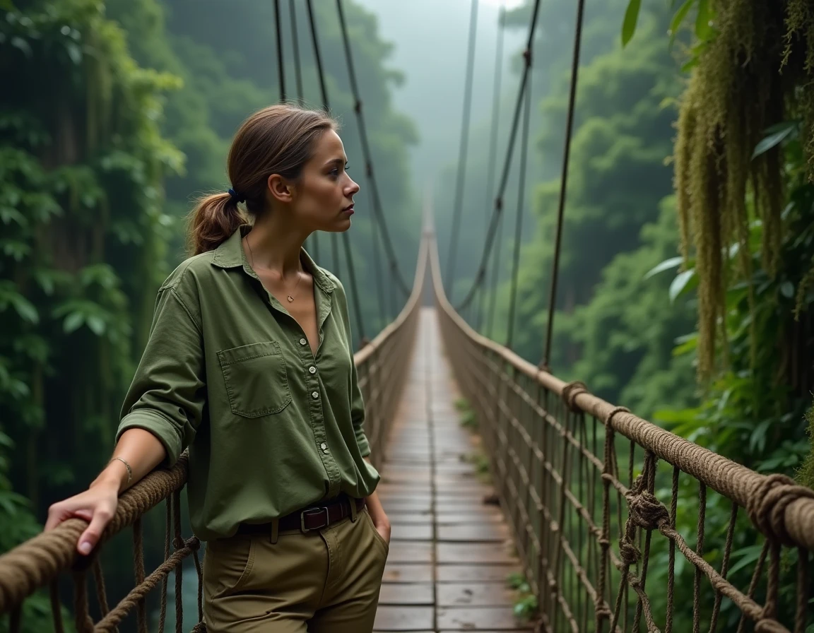 Femme explorant un pont suspendu en bois au cœur d'une forêt tropicale luxuriante lors d'un voyage d'aventure