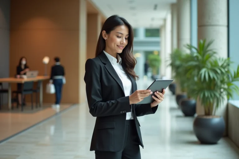 Femme professionnelle analysant une carte interactive dans un bureau moderne