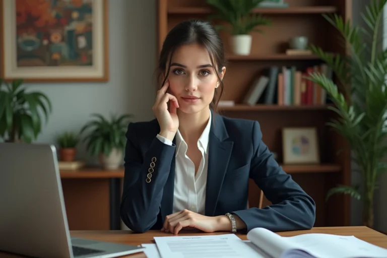 Femme en costume professionnel dans un bureau moderne