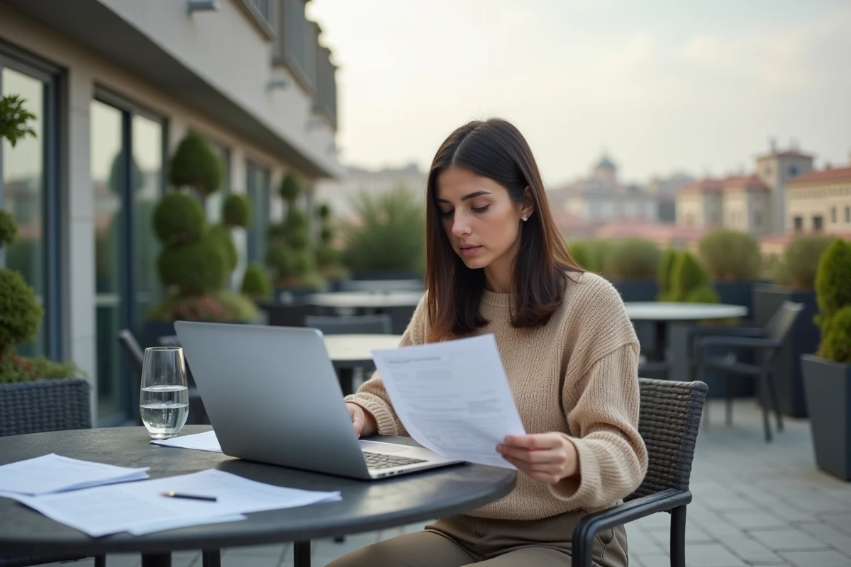 Jeune femme travaillant sur terrasse urbaine en extérieur