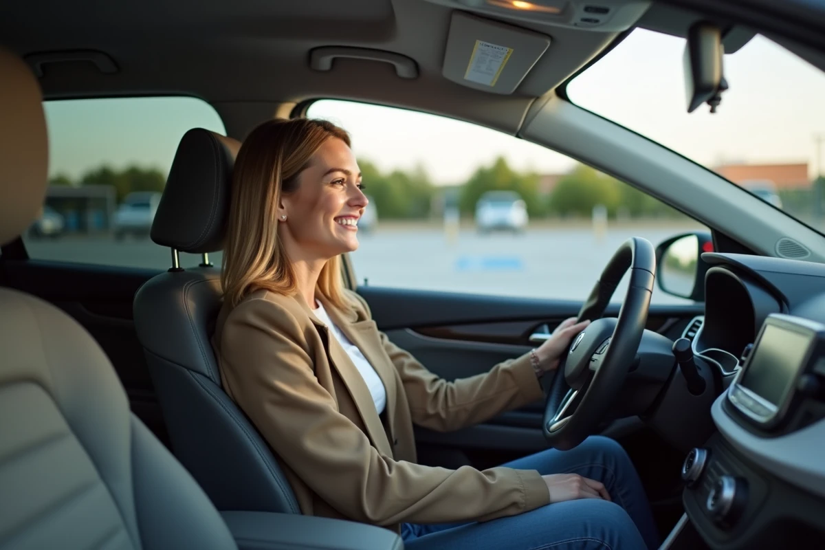 Jeune femme dans une voiture en parking de supermarche