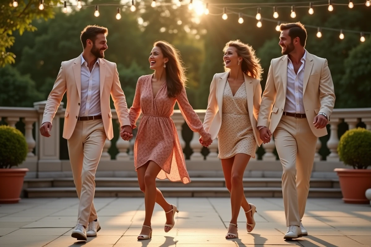 Quatre adultes dansant le madison en ligne sur une terrasse lors d'une soirée de jardin estivale, dans une atmosphère festive et décontractée du Good Madison