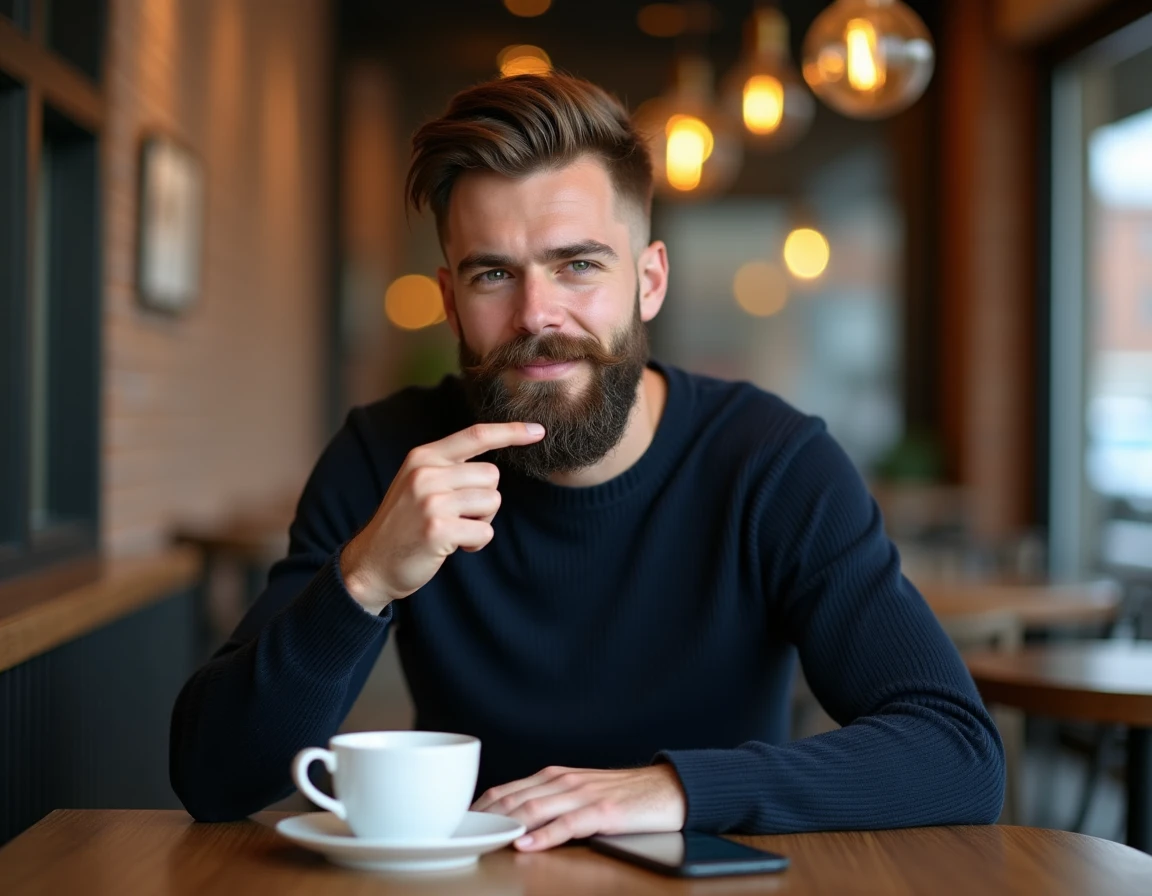 Jeune homme consultant un guide de longueur de barbe sur son téléphone dans un café urbain tendance