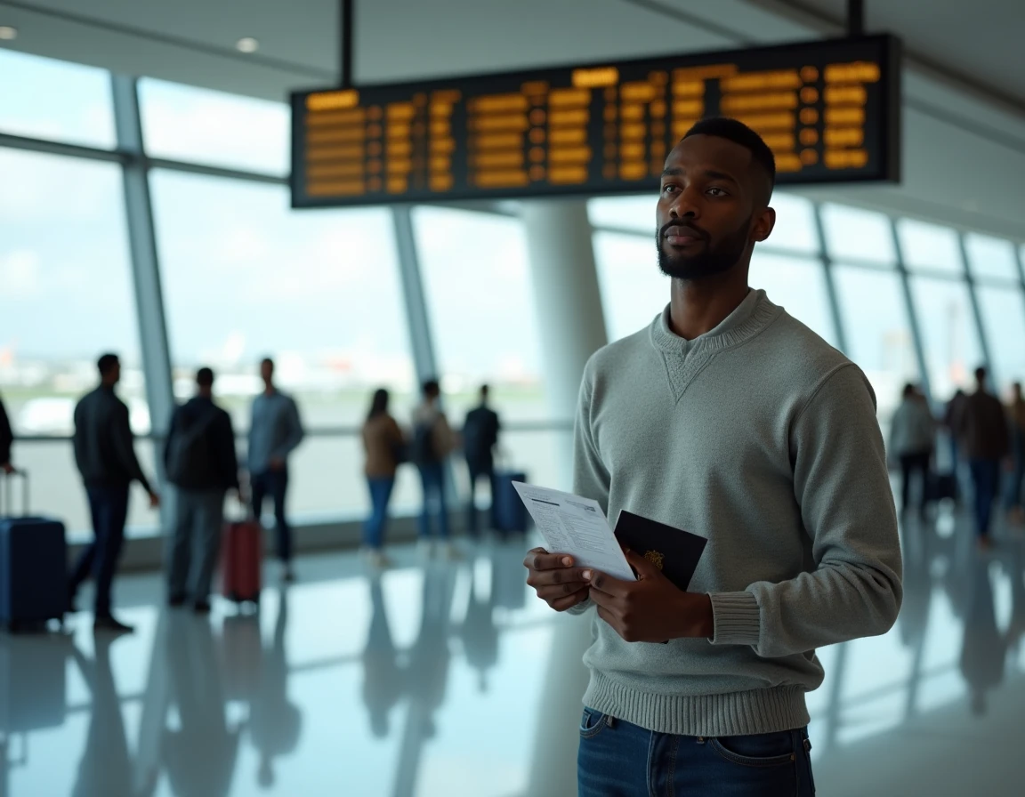 Homme tenant son passeport et une carte d'embarquement dans un terminal d'aéroport international avant une longue absence