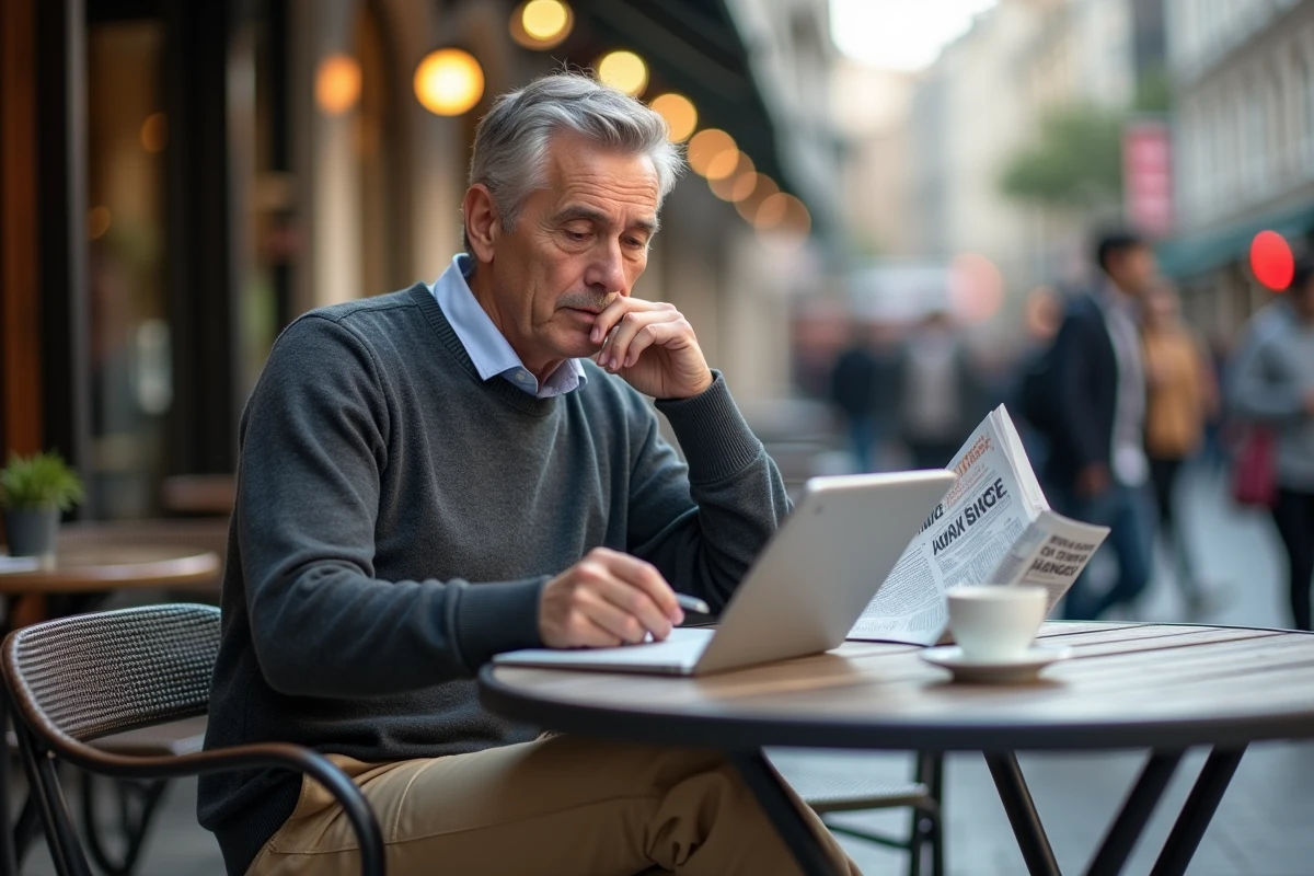 Homme d affaires déjeunant en extérieur avec tablette et journal
