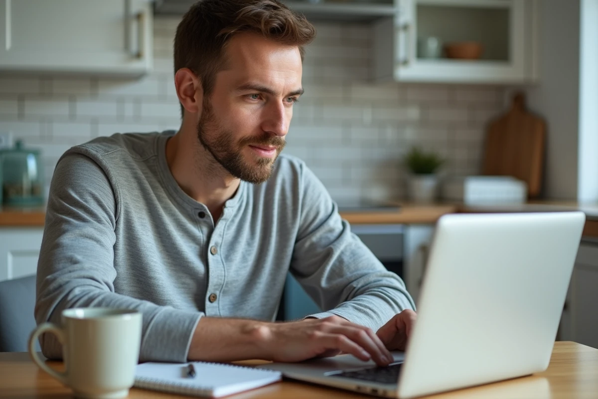 Homme comparant des offres de crédit en ligne sur un ordinateur portable dans sa cuisine