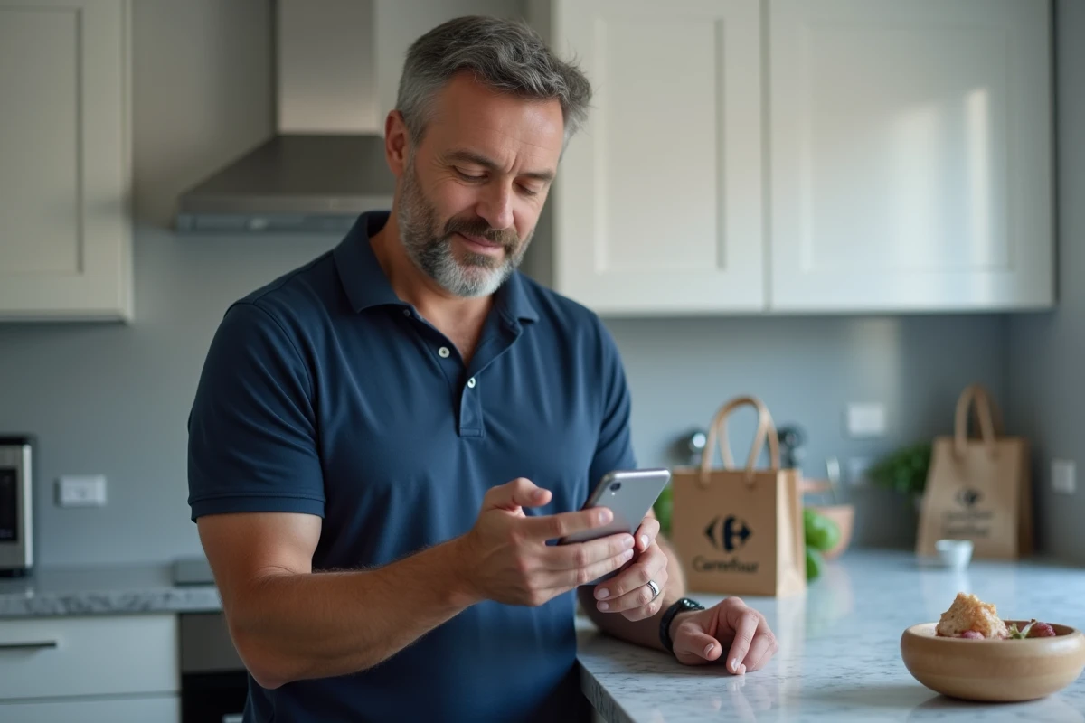 Homme vérifiant sa facture Carrefour sur smartphone dans une cuisine moderne